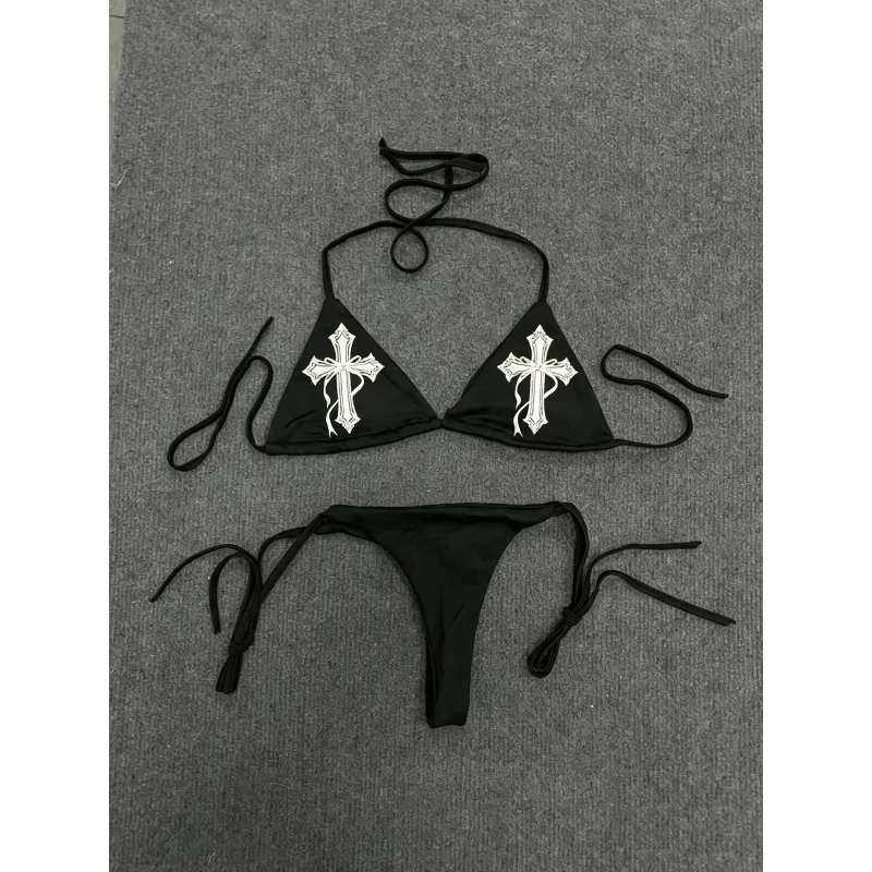 European American Fashion Hot Girl Swimwear Summer Sexy Cross Design Tie Strap Bikini Beach Two Piece Suit