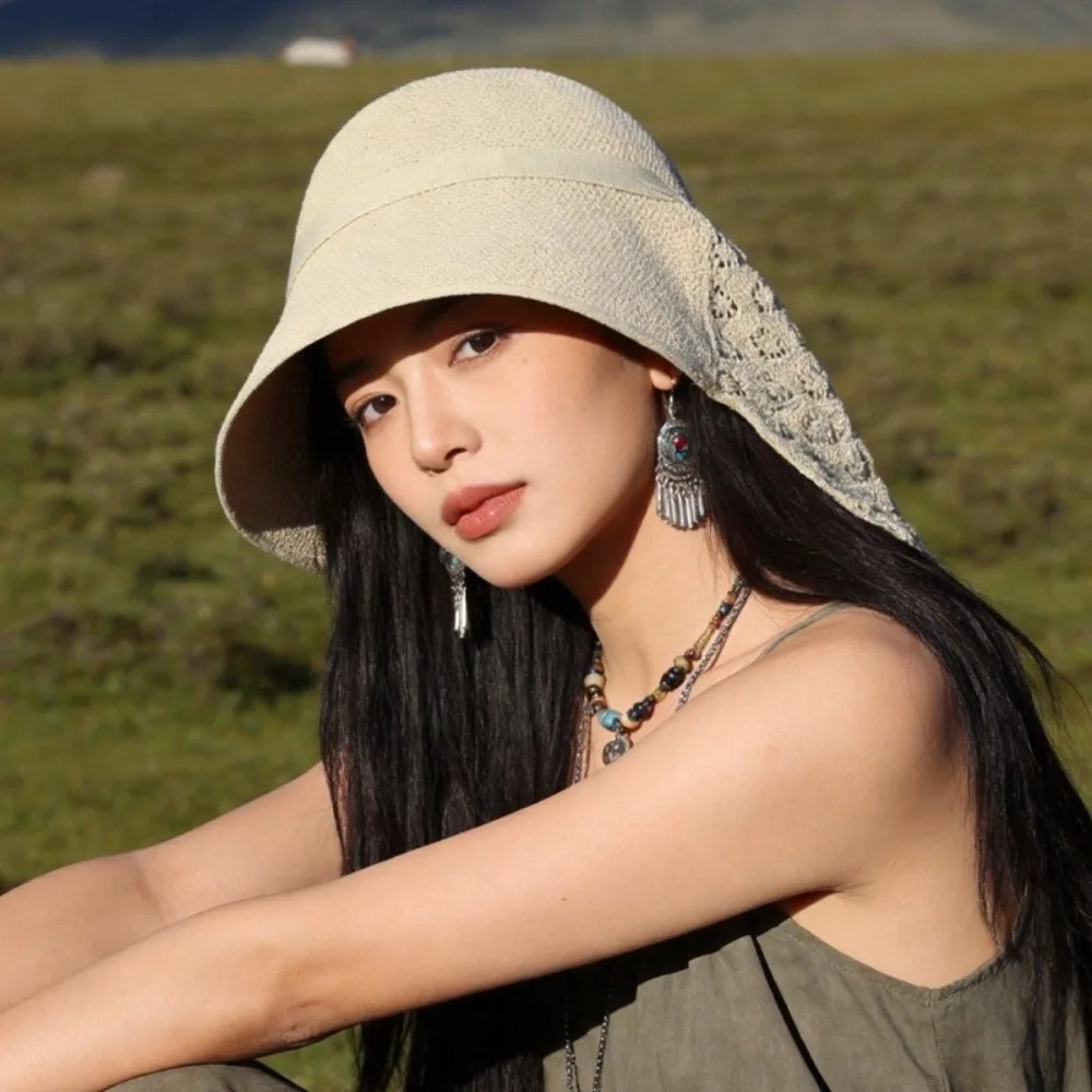 Fashion Breathable Shawl Sun Hat Foldable Polyester Weaving Fisherman Hat Wide Brim Hollow Out Beach Hat Beach