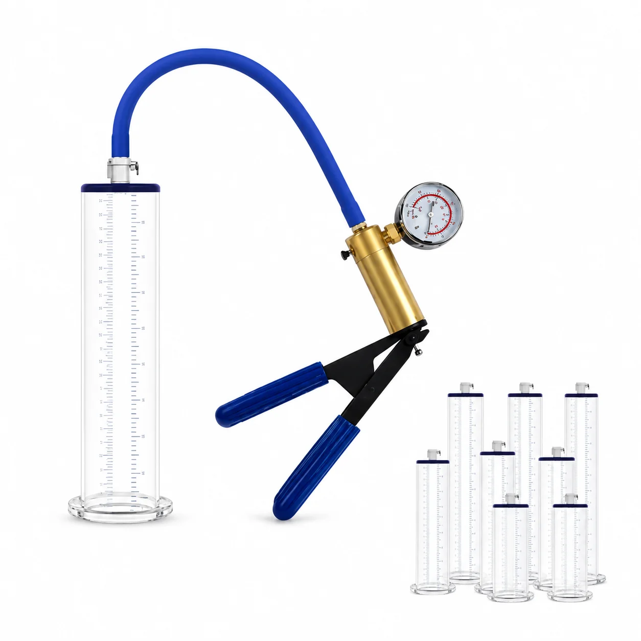 Male Suction Pump Trainer Kit with Acrylic Measuring Chamber Blue Manual Handle Metal Gauge Air Hose and Adult Accessories