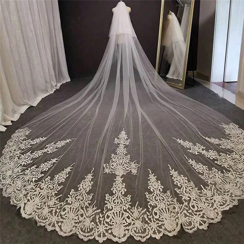 Luxury 4M Cathedral Wedding Veils With Blusher Embroidery Lace Appliques Bride Marriage Veil Veu De Noiva Customized