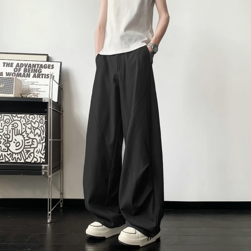 Men's Curved Seam Wide Leg Pants Summer Drape Loose Fit Casual Trousers Black Solid Color Elastic Waist Streetwear Long Pants