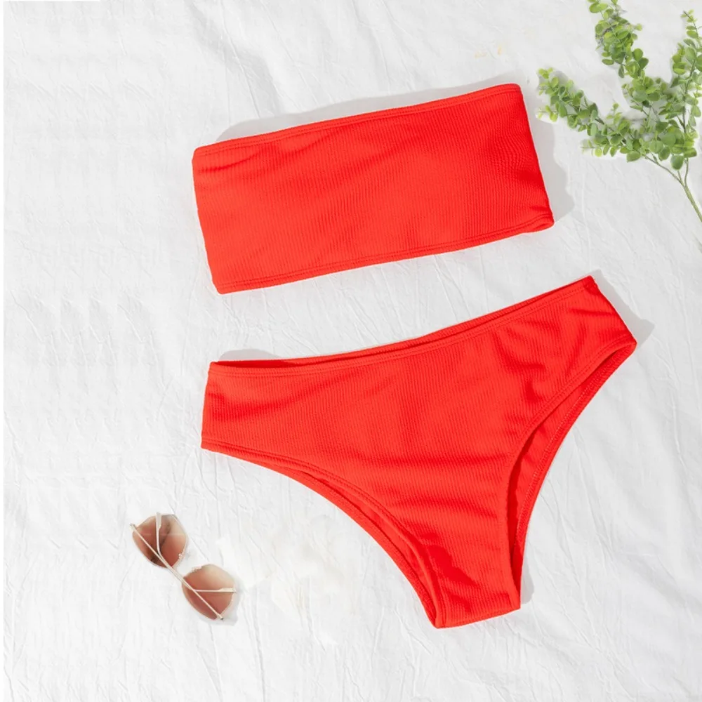 Solid Color Strapless Bikini Set Sexy Backless Swimsuit Soft Padded Bra Adjustable Women Swimwear Summer
