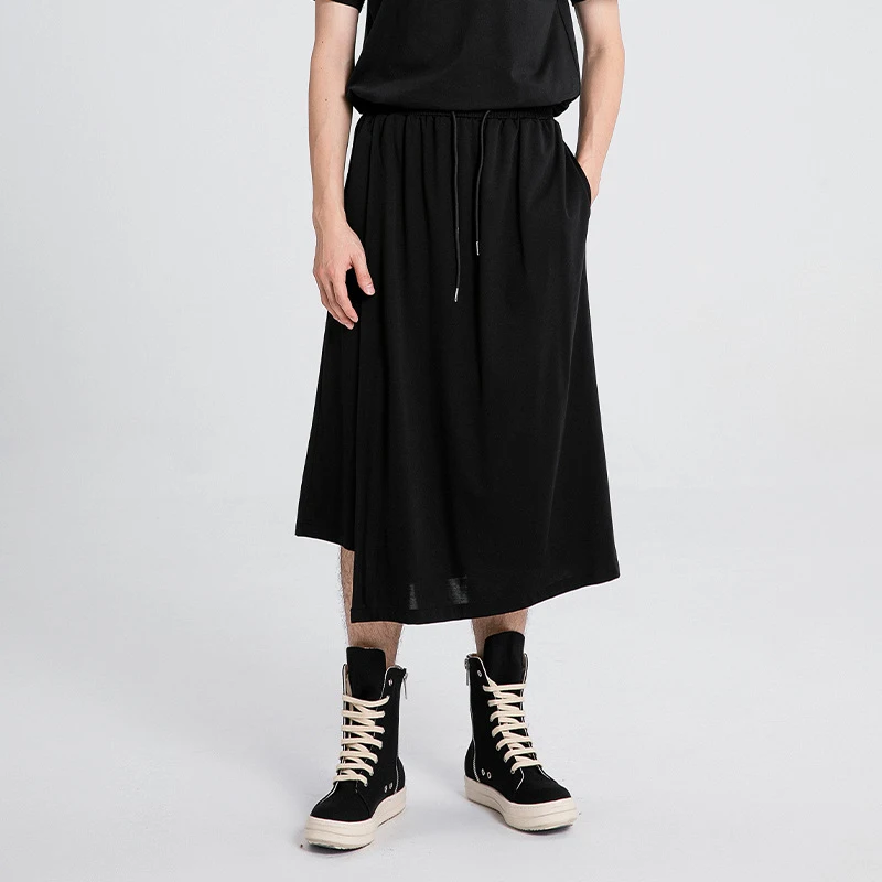 Men'S Casual Culottes With Drawstring Elastic Waist, Wide-Leg Pants, Trendy And Unique Irregular Cropped Trousers