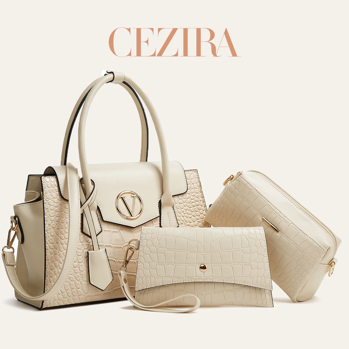 CR Luxury Croc Embossed PU Leather 3PCS Handbag Set Women Top Handle Tote Crossbody Wristlet Purse For Daily Travel Occasions