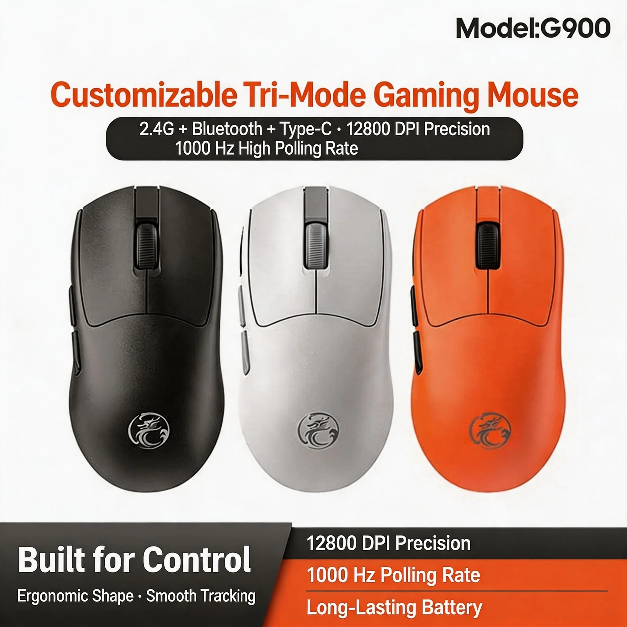 Tri-Mode Wireless Gaming Mouse 2.4G Bluetooth 5.0 TypeC Wired 12800DPI 1KHz Polling Rate 56g Lightweight Mice PC Laptop Gamer