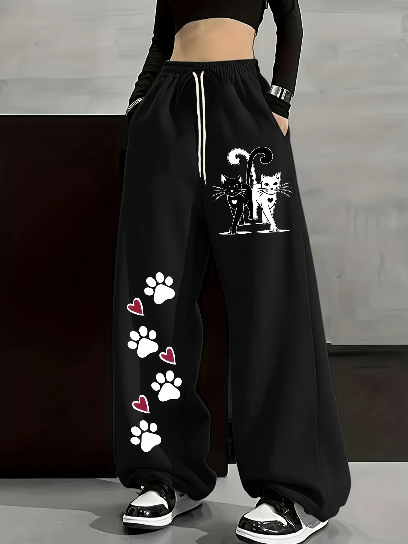 Unisex Y2K Streetwear 3D Cat Paw & Kitten Print Quick Dry Straight Pants Elastic Drawstring Waist Black Kawaii Hip Hop Trousers