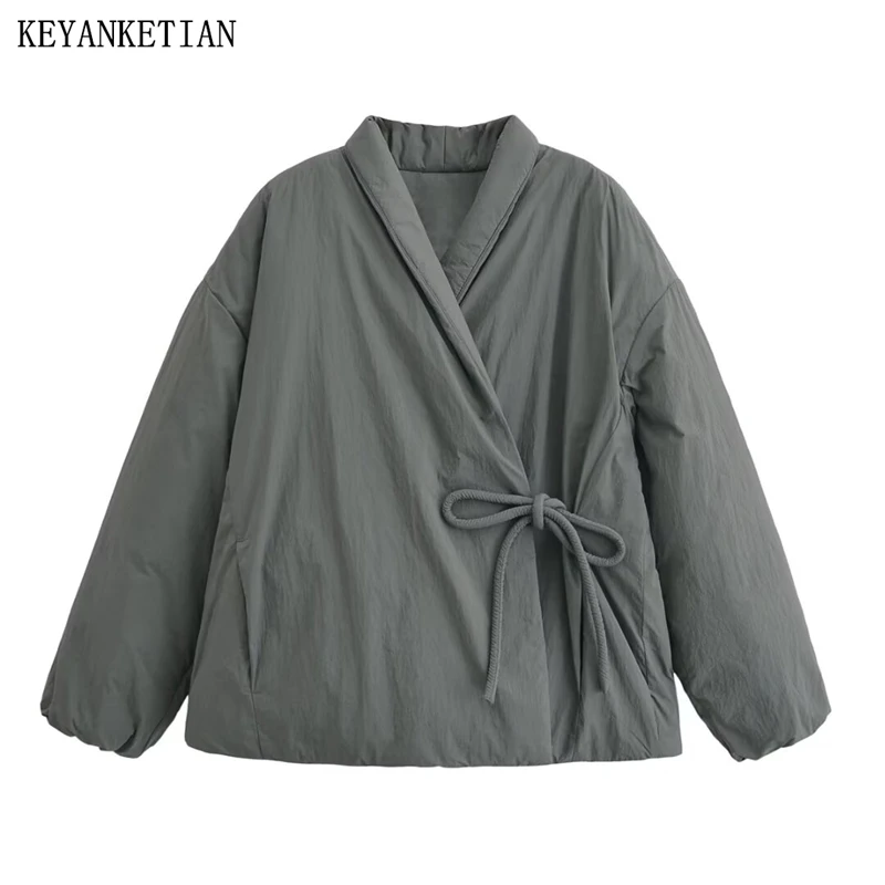 KEYANKETIAN Winter New Women's Light Cotton Coat Retro style Asymmetrical Lace Up Oversize Cropped Blazer Pockets Outerwear Top
