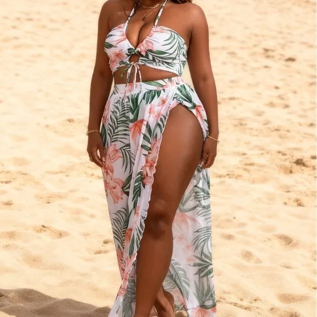 Beach Outfits Woman Bikini Floral Print Bikinis Halter Neck Swimsuit High Waist Two Piece Swimsuit White Base Beachwear Women