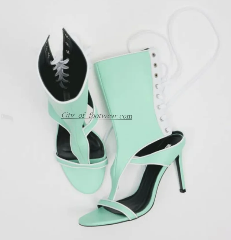 Sexy 2026 Summer new in hollow out light green leather booties high heels white/black lace up sandals designer party shoes