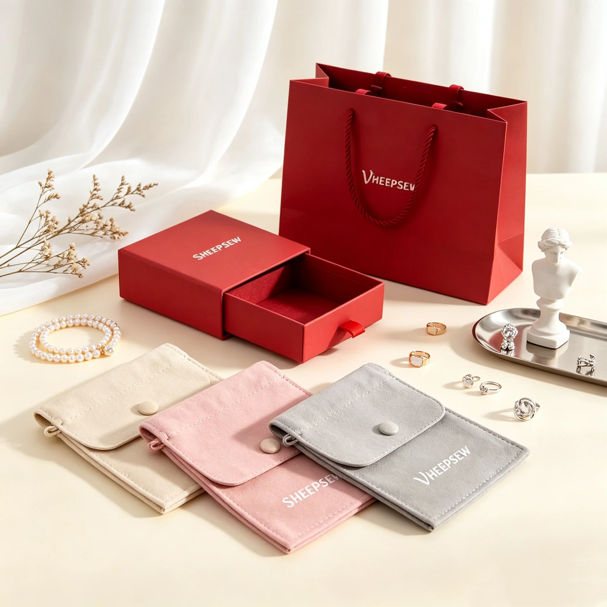SHEEPSEW Custom Logo 8x8x2.5cm Luxury Cardboard Sliding Drawer Jewelry Box, Gift Packaging Box with Microfiber Snap Pouch for Ri