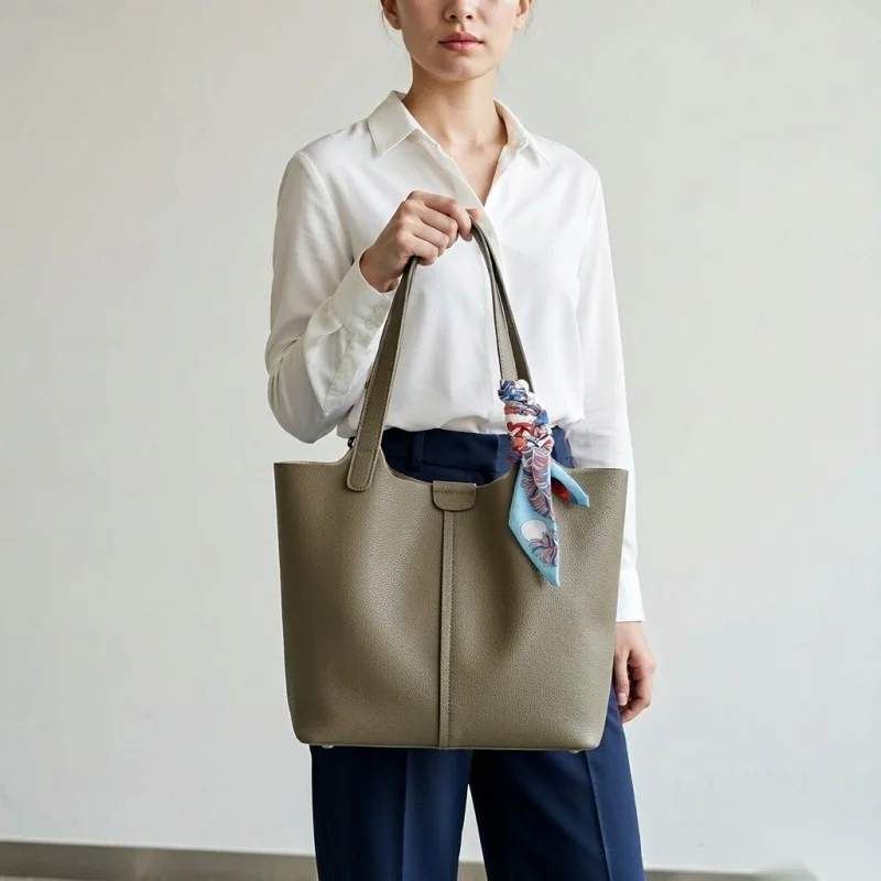 Women Lychee Grain Pebbled Cowhide Tote Bag Large Capacity Ladies Office Commute Handbag Female Genuine Leather Shopper 2026