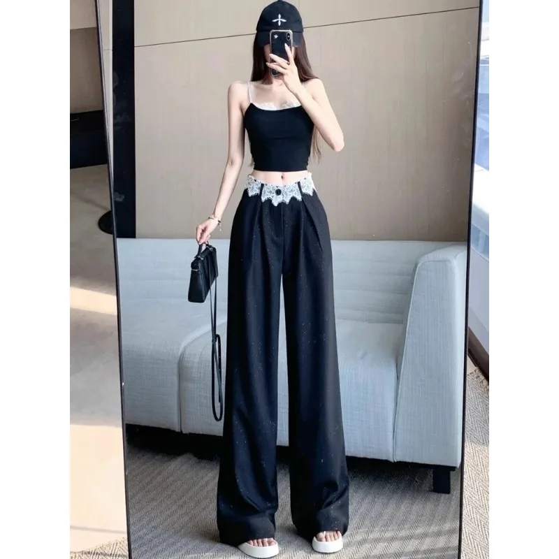 Women's Wide-Leg Trousers High-Waisted with Lace Trim Sparkle Detail Matching Crop Cami Set