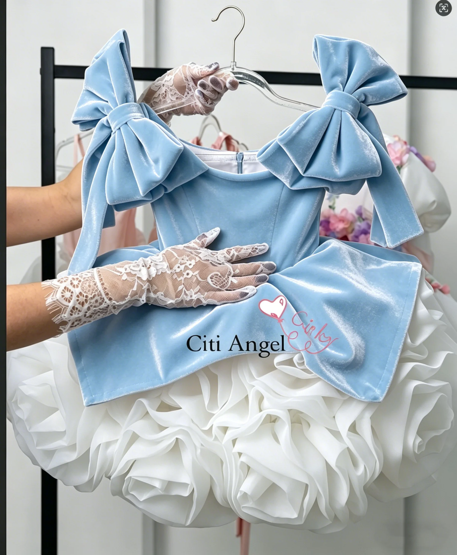 Luxurious Velvet Flower Girl Dress Blue Puff Girls Party Dresses for Wedding Bow Sleeves Kids Christmas Ceremonial Dress Custom