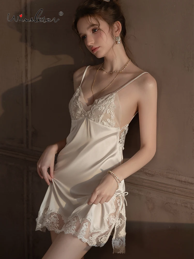 Winsleter-Women Sexy Suspender Strap Nightgown, V Neck Lace Patchwork, French Flirt Short Bride Pajamas, 2025 Summer P57038CC
