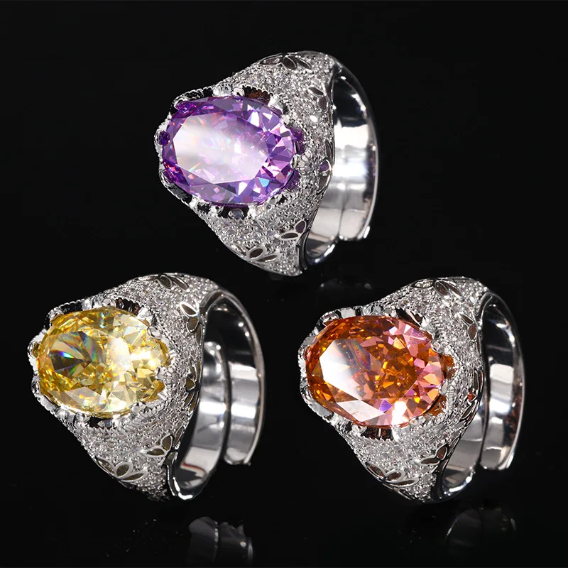 Jewelry copper base gold plating, high-carbon diamond with ice flower pattern, elegant and light luxury pigeon egg ring