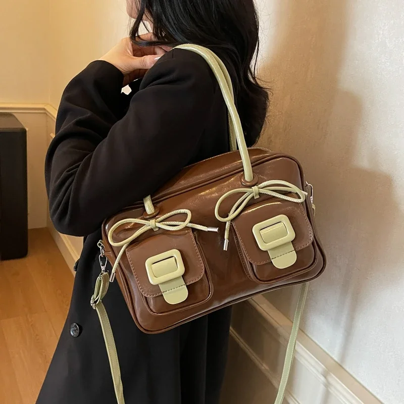 Sewing Thread Casual PU Zipper Large Capacity Shoulder Bags Sweet Personality Stylish Design Commute Style Tote Bags for Women
