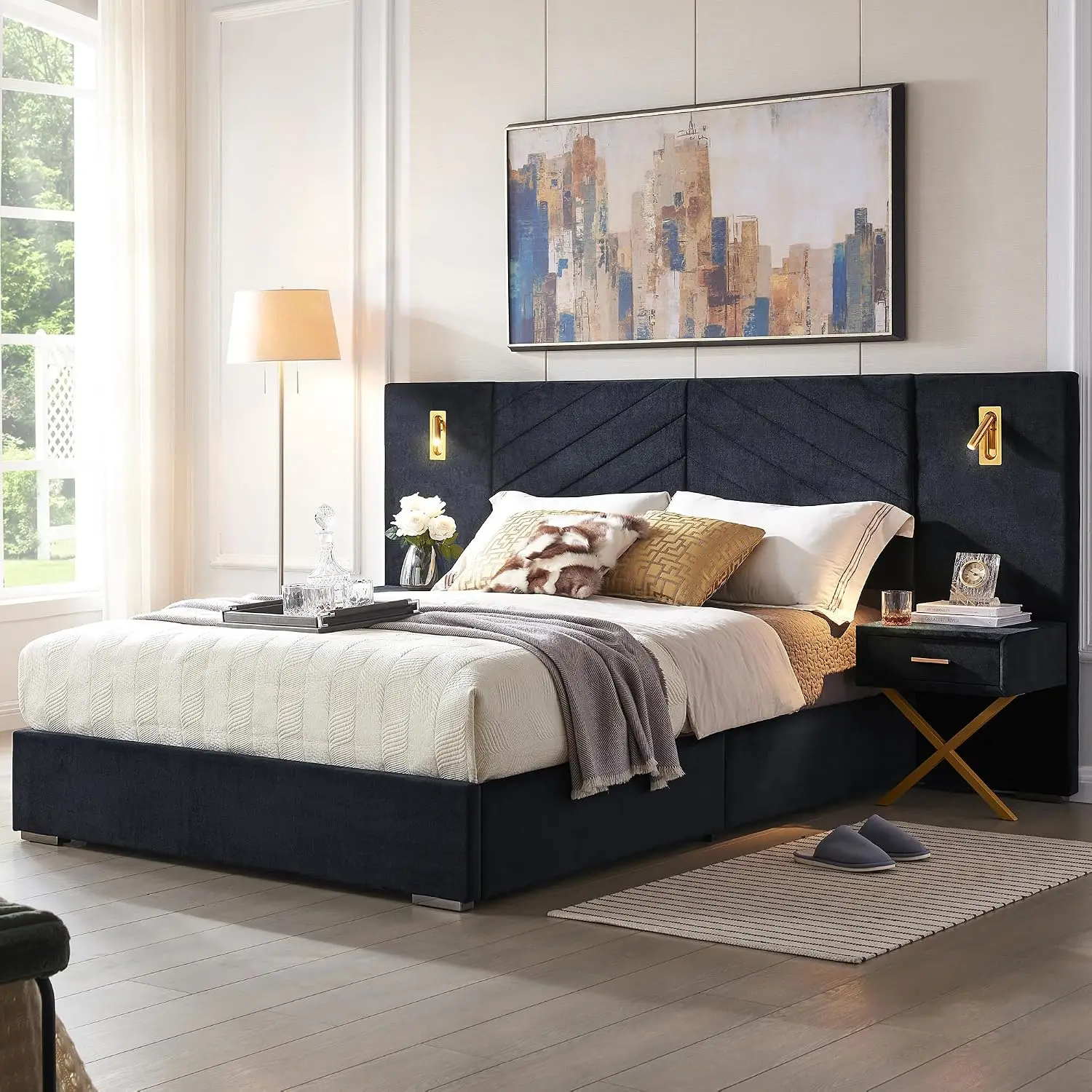 King Size Bed Frame with Velvet Headboard, Storage Nightstands & LED Light, No Box Spring, Easy Assembly, Customized