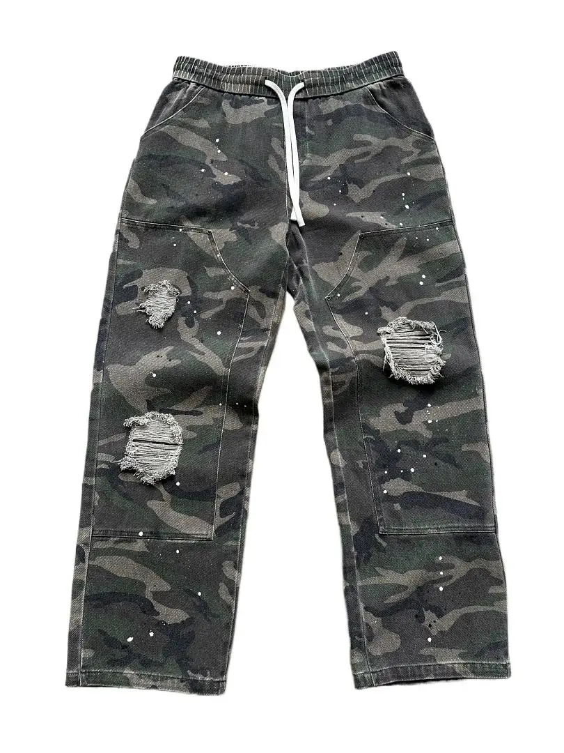 26AW Saint Heavy Wash Distressed Hand-Painted Splash Ink Camo Logger Cargo Pants