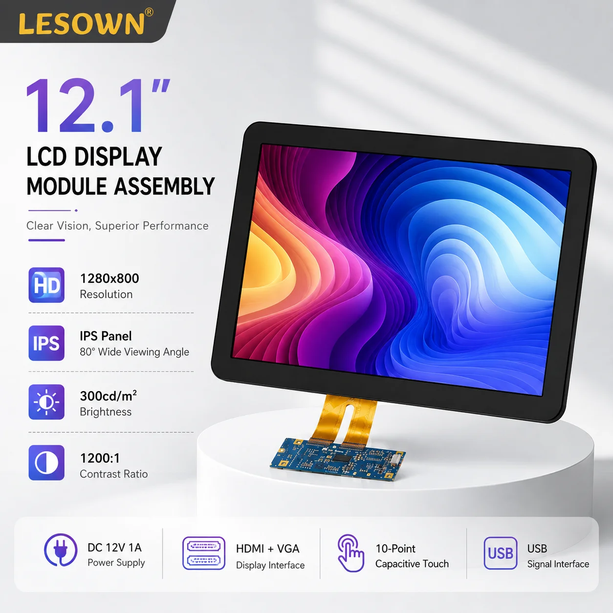 LESOWN 12.1" 1280x800 Touch Screen Display Module Plug and Play HDTV VGA Board with Speaker for Industrial Kiosk