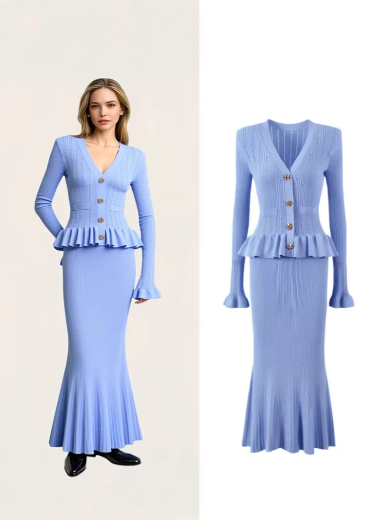 2026 Autumn Winter New Arrival High Quality Knit Womens V Neck Long Sleeve Slimming Button Decor Mermaid Formal Evening Gown
