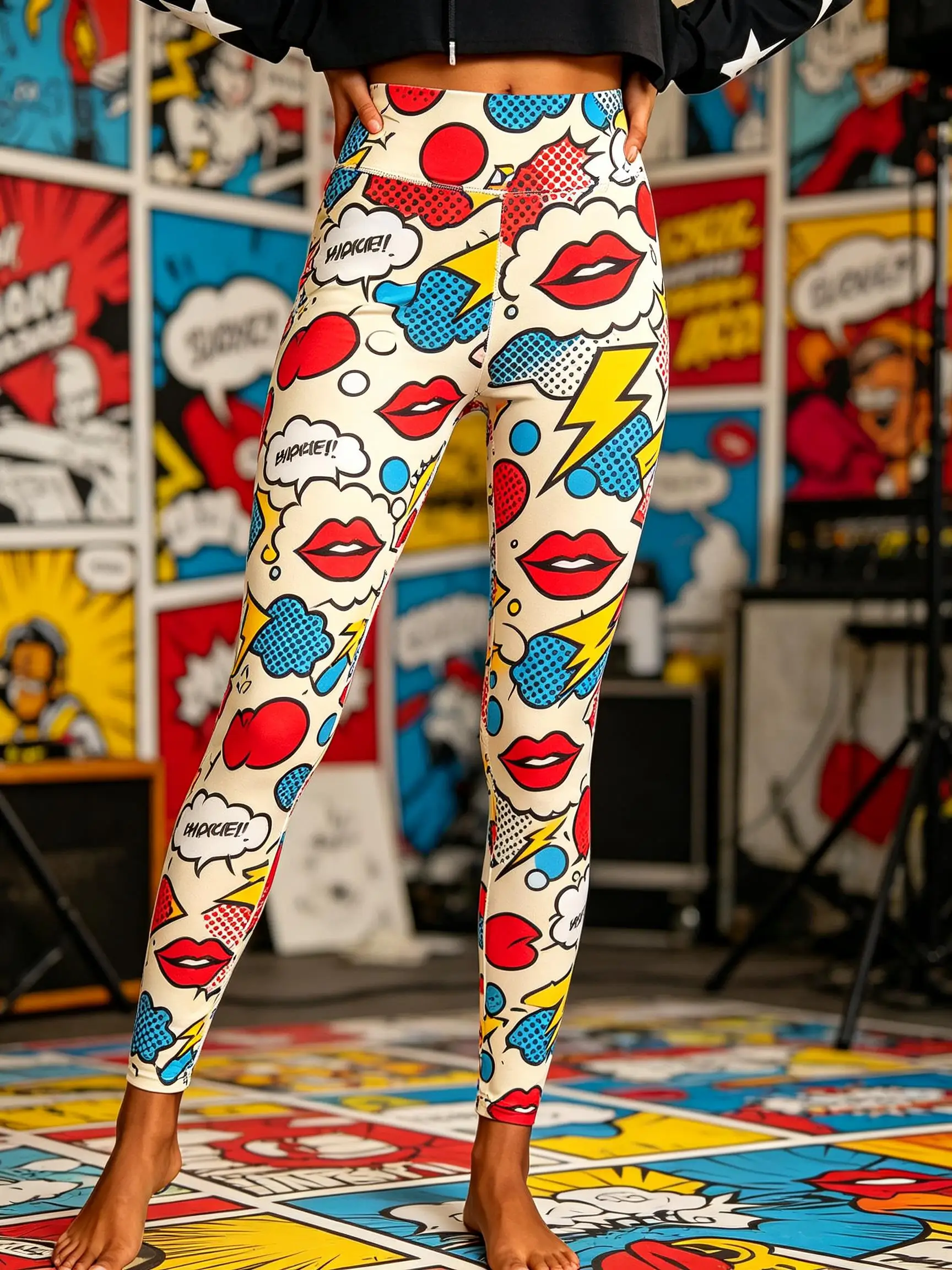 Women Fleece-Lined Mid-Rise Leggings Pop Art Lips Speech Bubble Print Slim Warm Casual Pants
