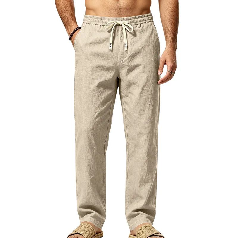 Men's Linen Straight Trousers Solid Color Drawstring Elastic Waist Straight Linen Casual Trousers