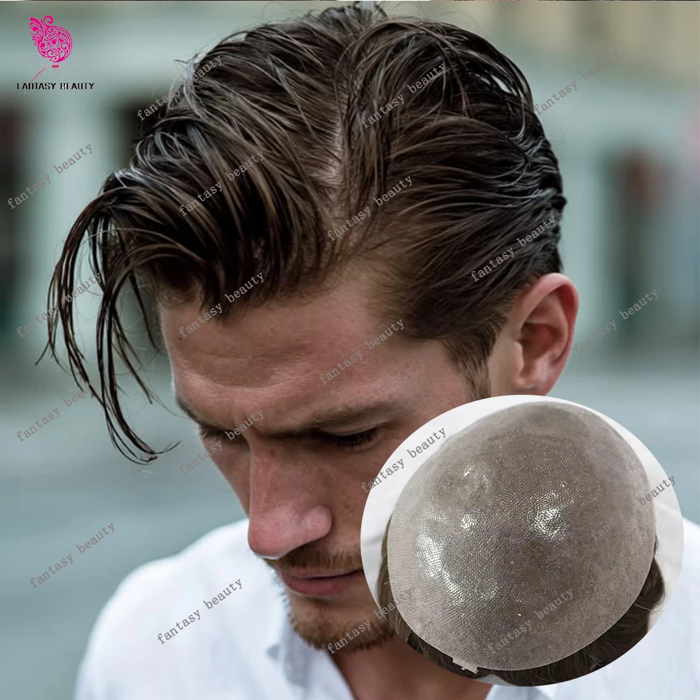 6inch 30mm Wavy European Brown Human Hair Man's Wigs Super Durable Full Vloop 0.06mm /0.02mm Skin Grey Men Toupee Easy Wear Unit