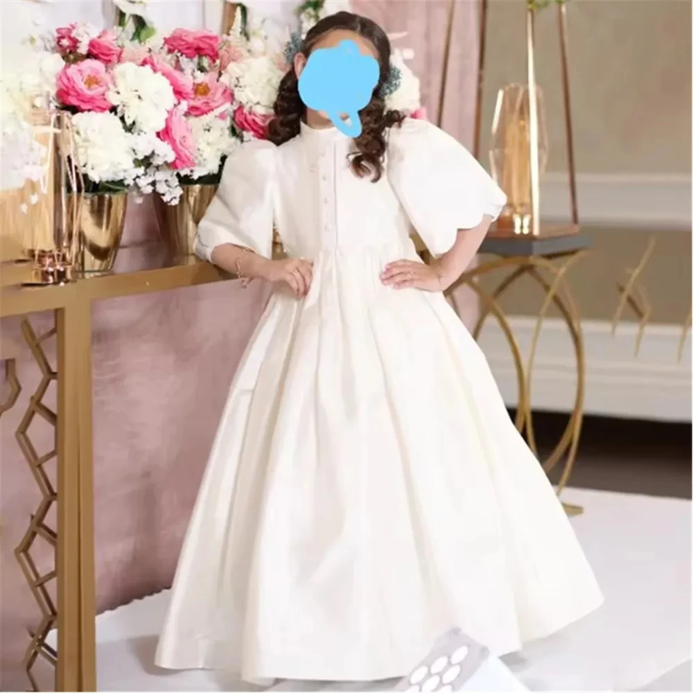 Customized Flower Girl Dress For Wedding High Waist Half Sleeve Floor Length Elegant Kids Birthday Party First Communion Gown