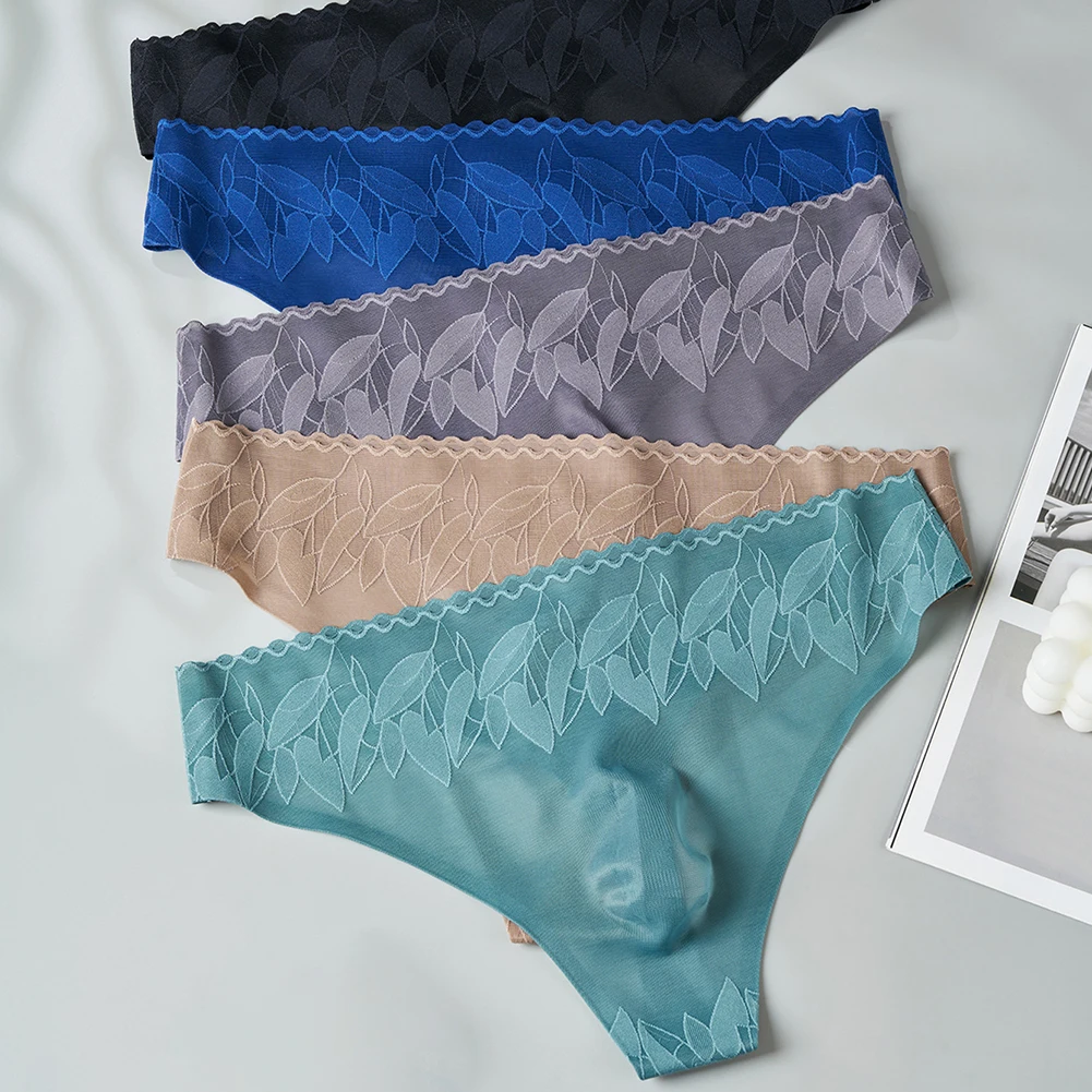 Men Smooth Seamless G-string Low Rise Briefs Gay Sissy Lace T-Back High Elastic Bikini Briefs Sexy Accessories Hot Underwear