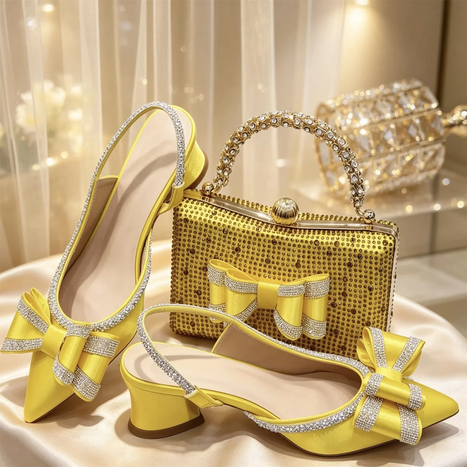 Shiny Yellow Rhinestone Shoe Purse Set with Bow Detail, Elegant Slingback Heels Designed for Bride Wedding Party Evening and Spe