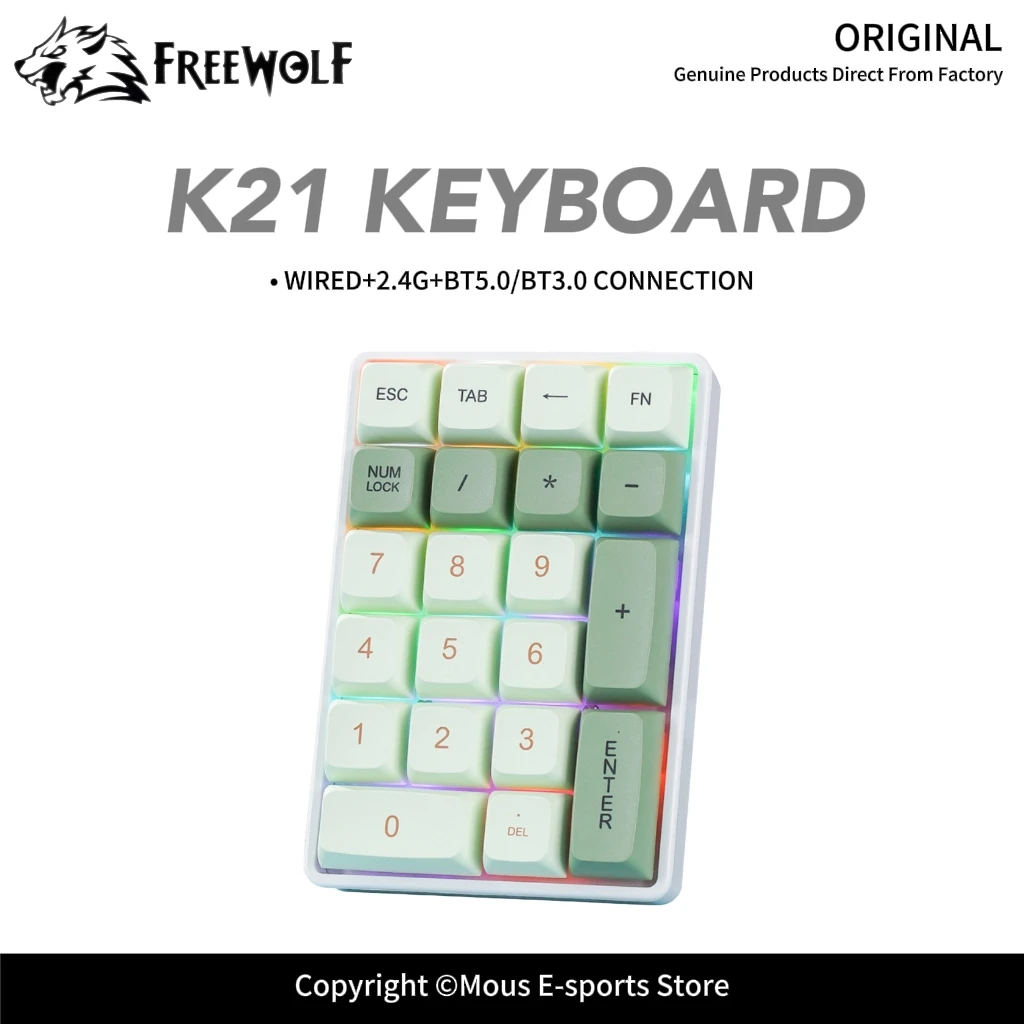 K21 Mechanical Number Pad Wireless FREEWOLF Hot Swap RGB Lighting Blue/Red Switch Option Mini Numeric Keyboard for Accounting
