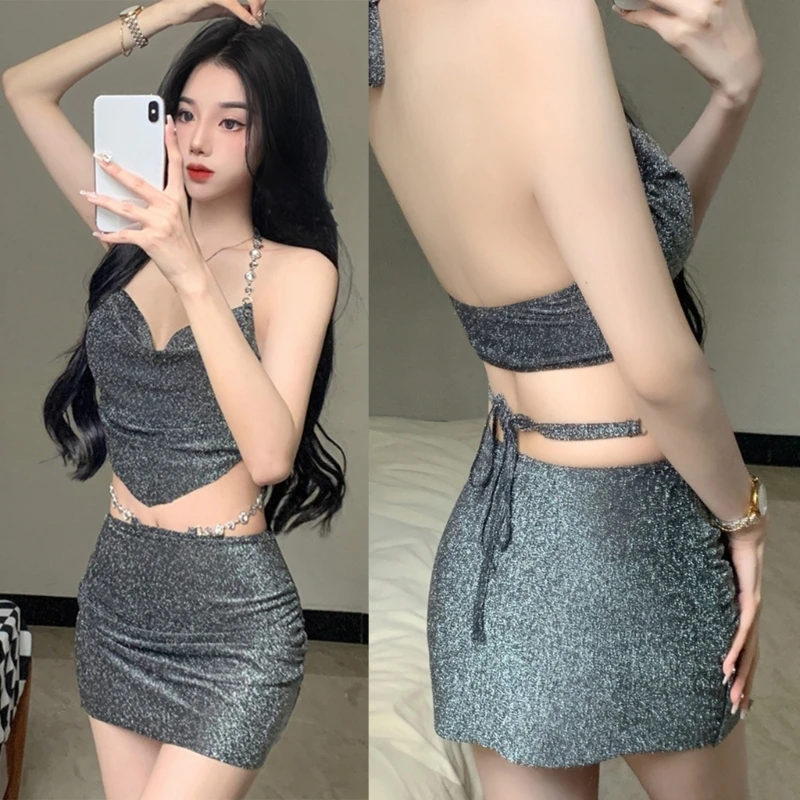 3PCS Women Halterneck Swimsuit Two Pieces Swimming Costume Set with Beach Skirt, Halterneck Crop Top and Swim Drop Shipping