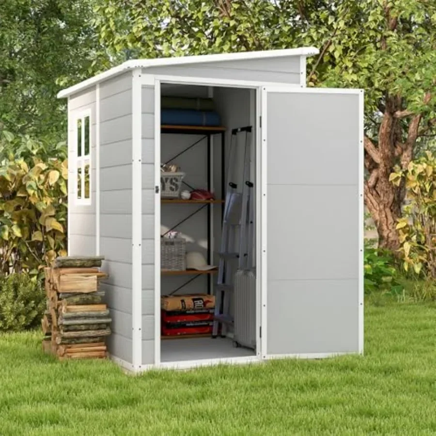 Outdoor storage shed for backyard use, plastic material, light gray color, includes floor and weather-resistant design