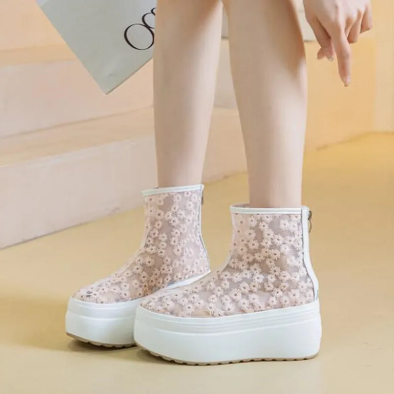 8cm Air Mesh Breathable Motorcycle Ankle Boots Shoes Ladies ZIP Boots 2026 Woman Fashion Sandals Embroider Flower Summer Hollow