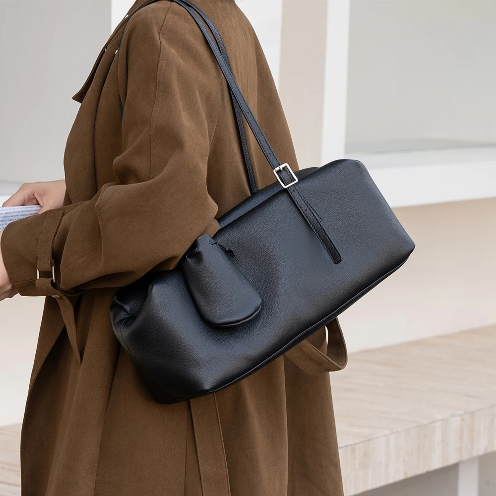 Women Genuine Leather Bowling Bag Large Capacity Shoulder UnderarmTote Bag with Mini Pouch Vintage Soft Leather Commuter Handbag