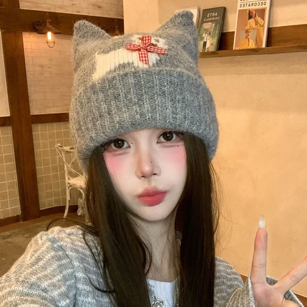 Warm Lining Cat Ear Beanie Cold Proof 56-58cm Fall Winter Knit Hat Ear Protection Polyester Fleece Lined Knitted Hat