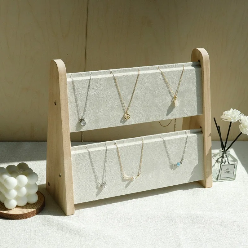 Solid Wood Two-Tier Jewelry Display Rack, New Style Necklace Pendant Hanger, Counter Window Decor Jewelry Display Prop