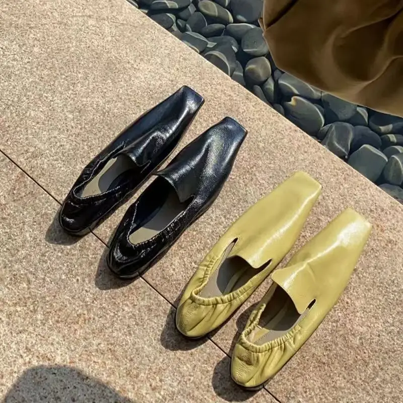 Genuine Leather Square Toe Flat Heel Women's Shoes Soft Bottom Work Shoes Fashionable French Style Autumn Winter Black Shoes