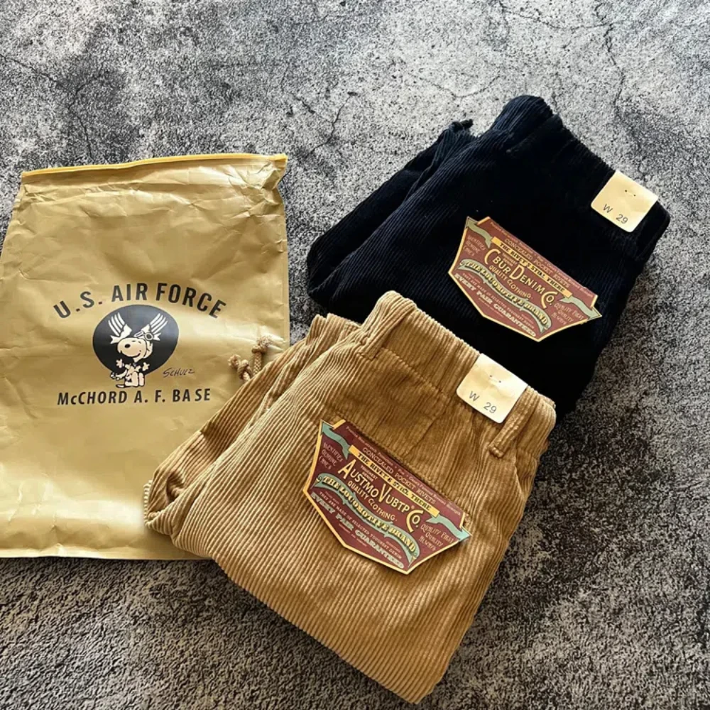Vintage corduroy heavy cotton drawstring straight leg men's straight leg casual pants with stylish overalls