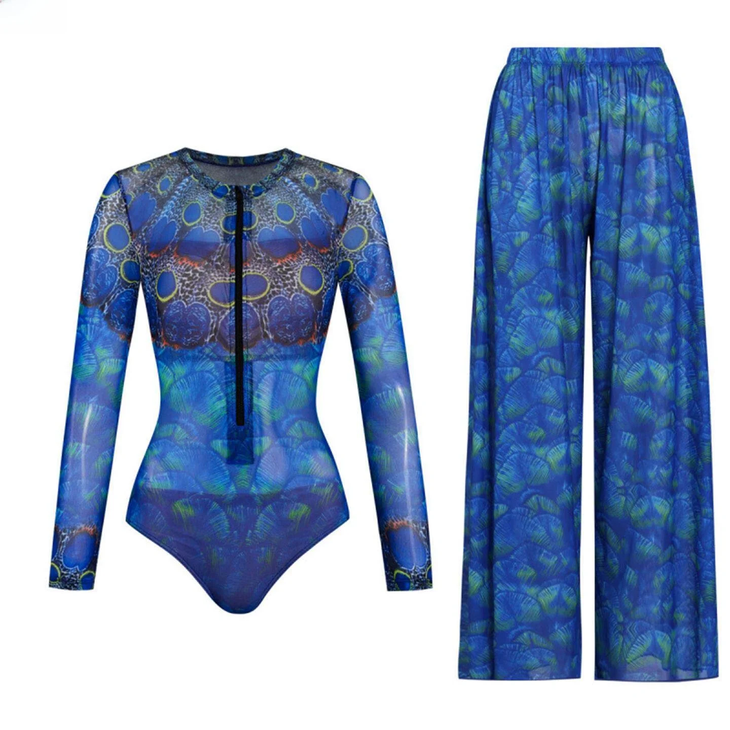 Long Sleeve Fitness Swimsuit Women's High Elastic Net Loose Pants Holiday Beach Pool Two Piece Set Adjustable Shoulder Strap
