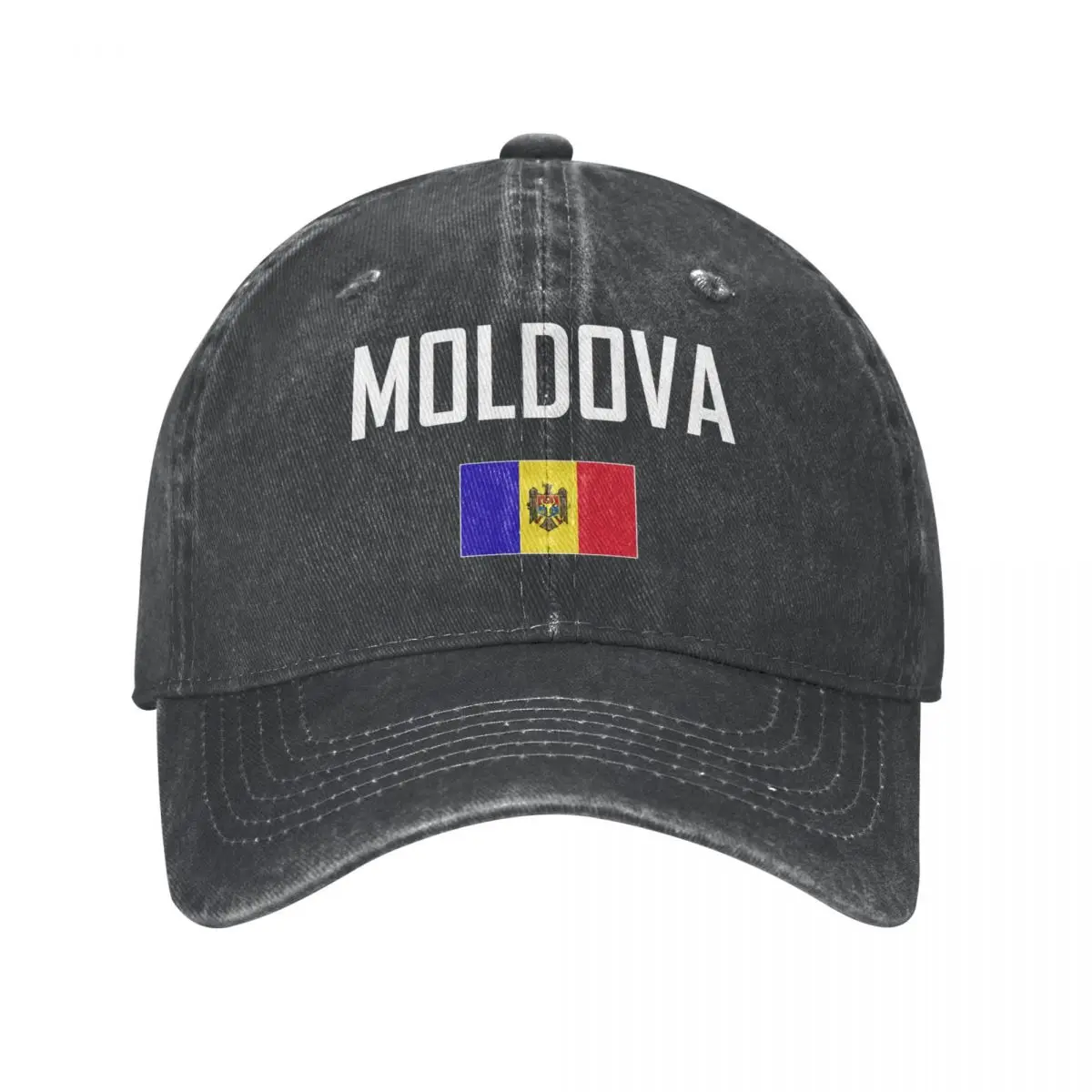 Men Baseball Cap MOLDOVA Flag And Font Charcoal Washed Denim Classic Vintage Cotton Dad Trucker Hat Unisex Adult