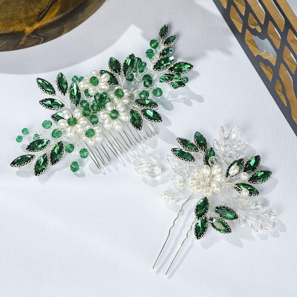 2PK Green Crystal Pearl Flower Hair Comb & Pin Set Party Wedding Headpieces Jewelry Head Ornament For Women Holiday Gift