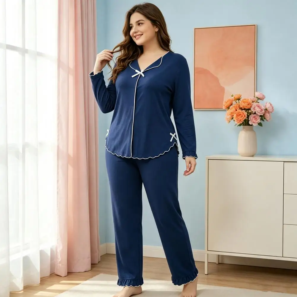 Women's Plus Size Pajama Set, Long Sleeve Top And Pants Loungewear with Bow, Ruffle 2 Piece Breathable Sleepwear for Daily Use