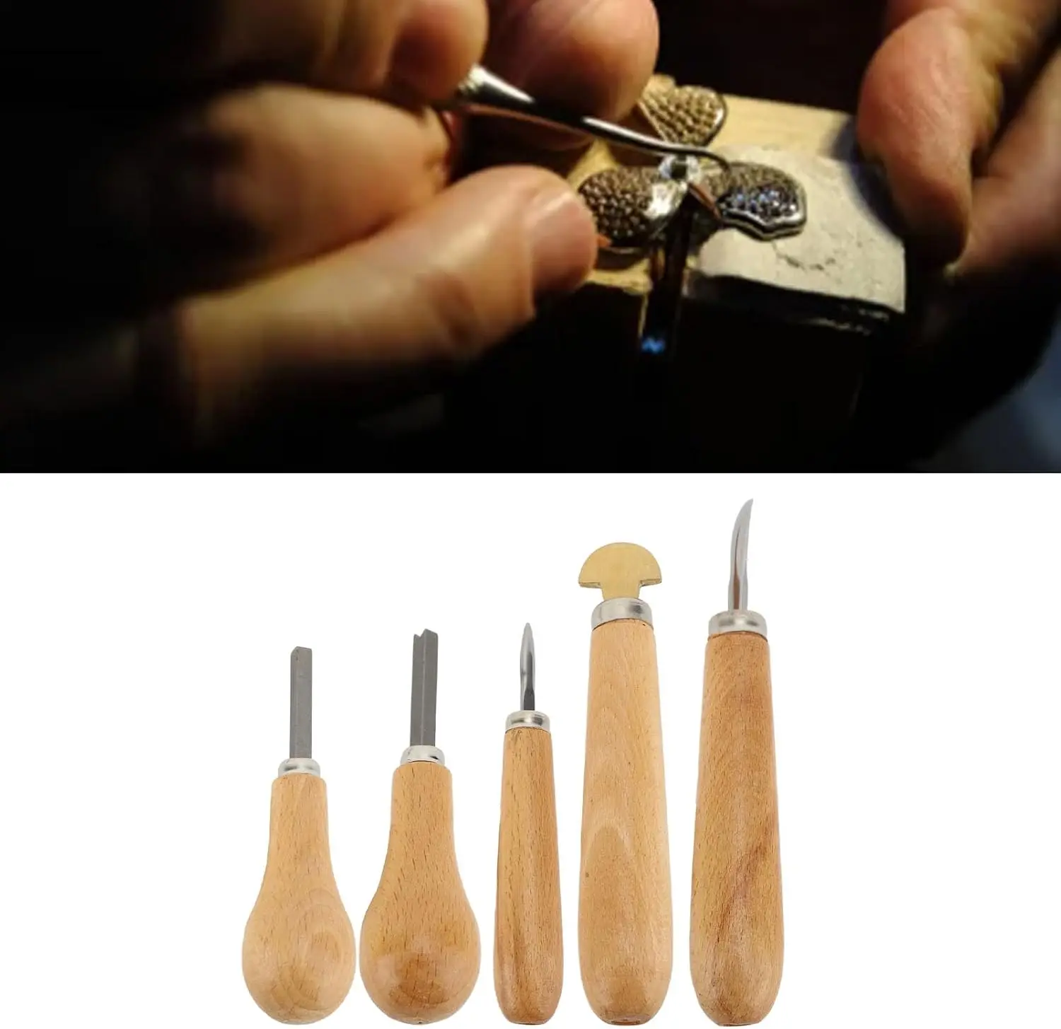 5Pcs/Set Wooden Handle Jewelry Stone Setting Pusher Tool for Diamond and Gemstone Bezel Prong Setting Jewelers Kit