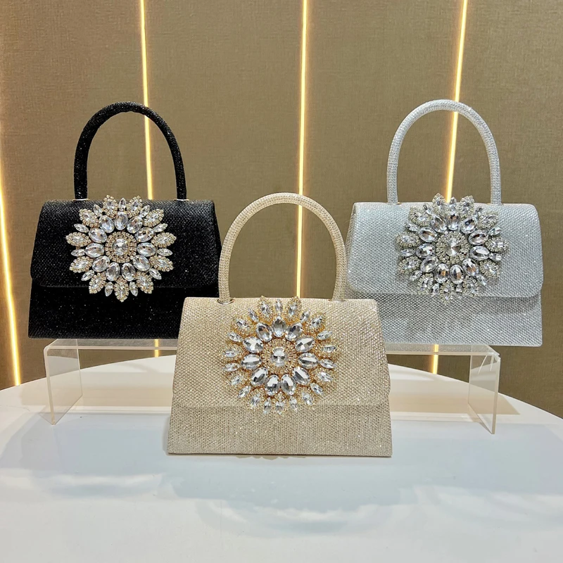 Women's Luxury Full Diamond Evening Bag Sunflower Clutch Bag Inlaid Water Drop Banquet Party Dress Wedding Handbag