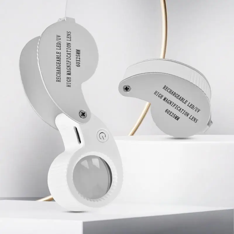 1 Set 40X 60X Foldable Magnifying Glass With UV LED Lights Illuminated Magnifier For Jewelers Gems Coin Rechargeable Magnifier