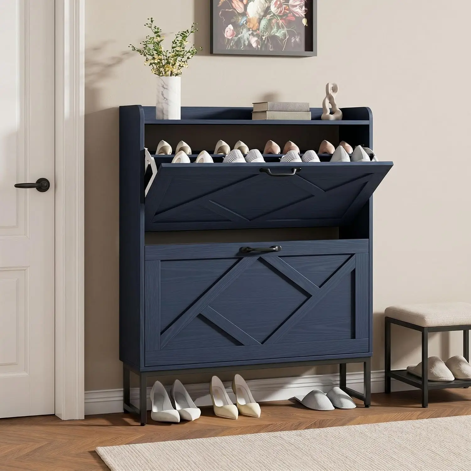 Slim Shoe Cabinet 2 Flip Drawers & Metal Hooks, Narrow Vertical Rack for Entryway Hallway, Blue, Customized