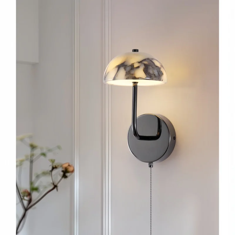 Cute Mushroom Natural Marble Wall Sconce, LED Wall Lamp with Steel Frame for Living Room, Bedroom, Hotel Decor