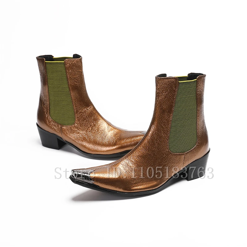 Men Bronze Metallic Genuine Leather Ankle Boots Metal Anti-Collision Pointed Toe Cap Slip On Mid Heel Vintage Chelsea Boots