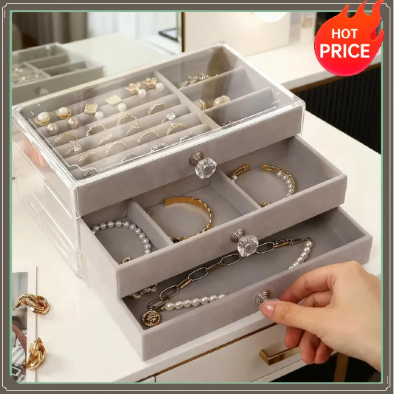 3 Layers Earring Ring Necklace Bracelet Storage Organizer Stackable Drawer Jewelry Box Beige Gray